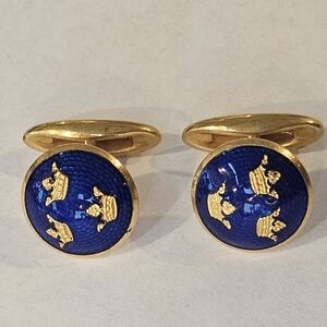 Luxury Sporrong & Co Sweden Gold Sterling Silver Blue Guilloche Enamel Cufflinks